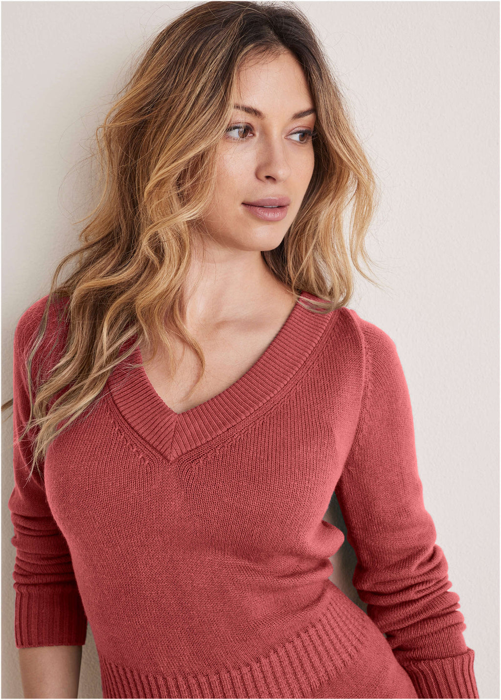 V-Neck Mini Sweater Dress - Mineral Red