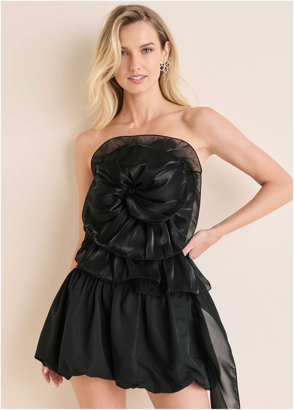 Rosette Bubble Mini Dress - Jet Black