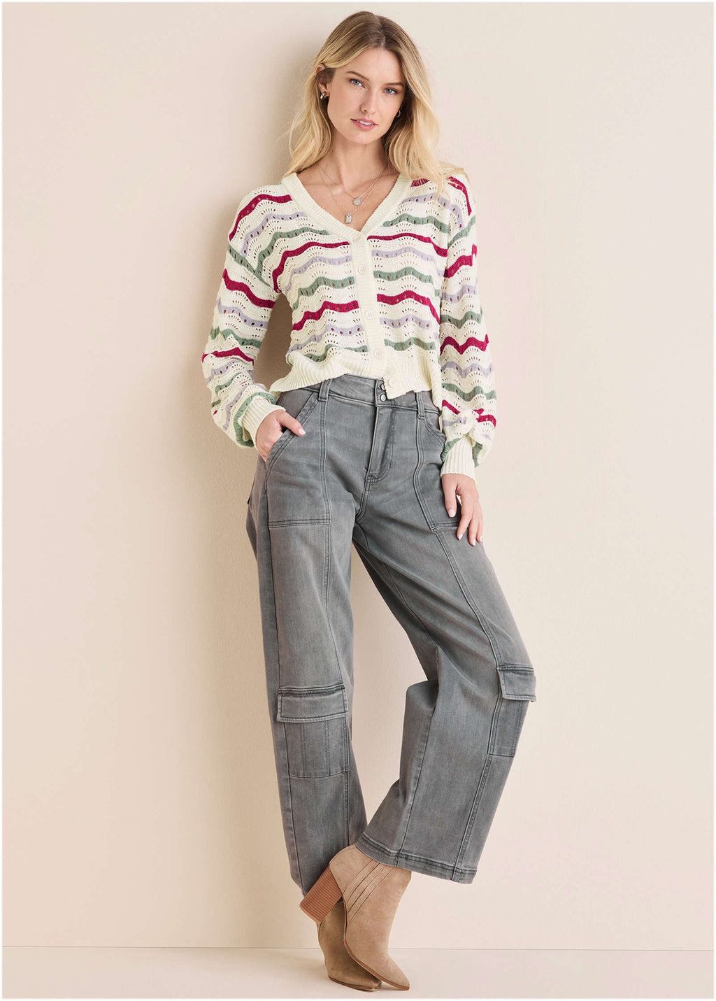 Stripe Pointelle Cardigan - Grey Multi