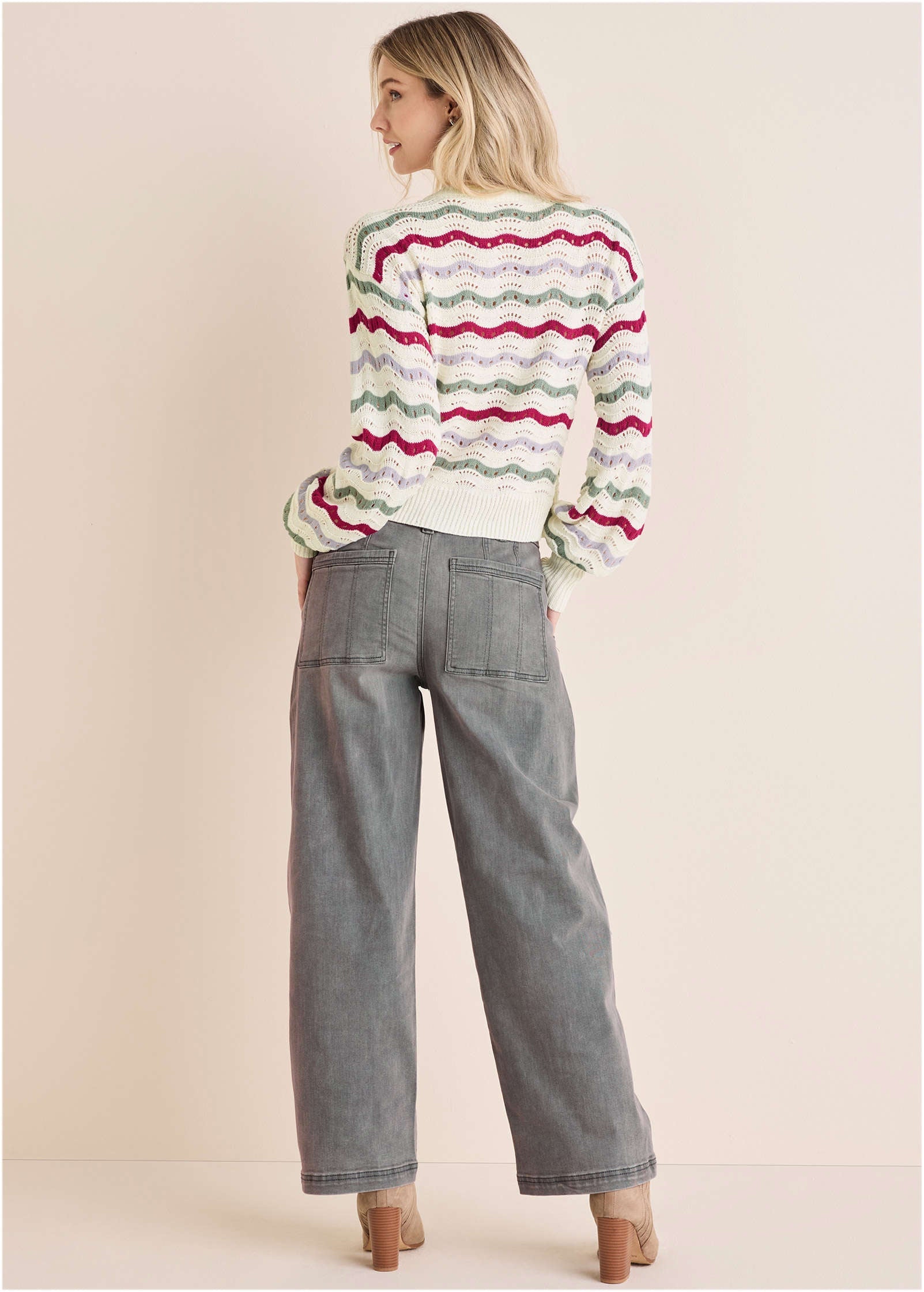 Stripe Pointelle Cardigan - Grey Multi