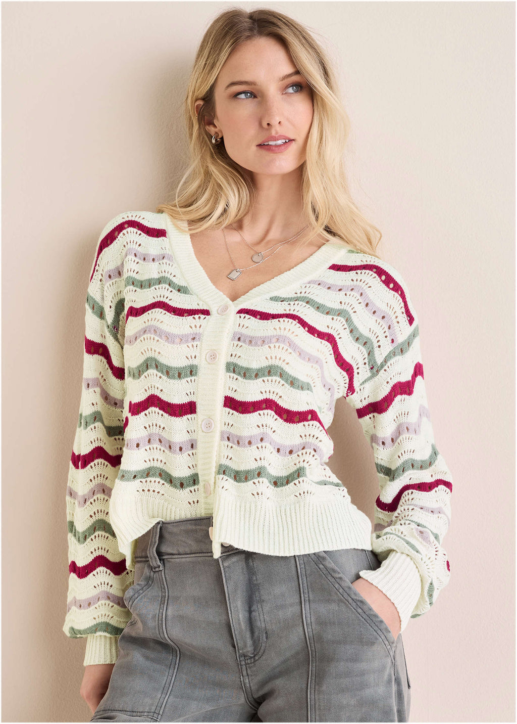 Stripe Pointelle Cardigan - Grey Multi