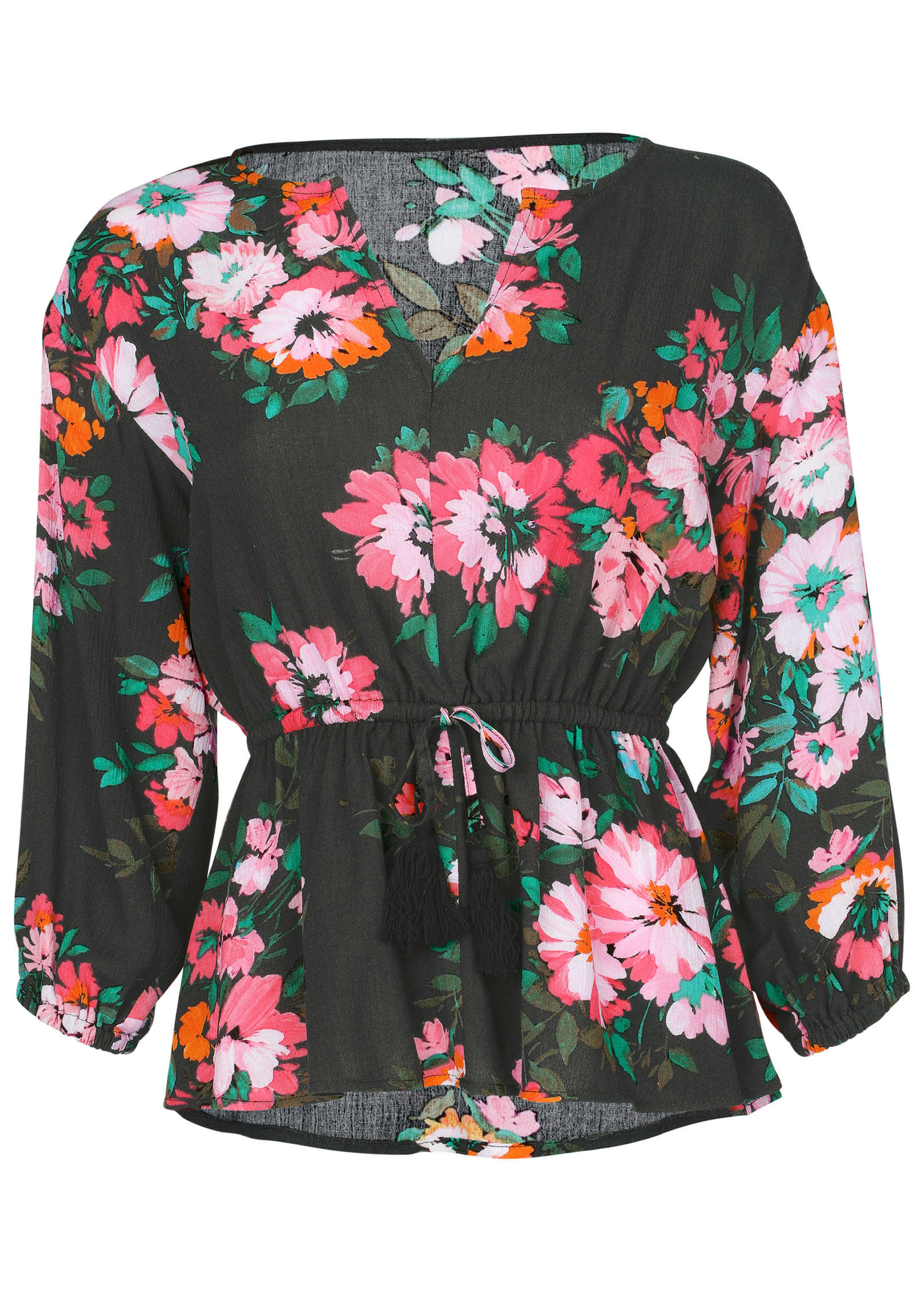 Tie Waist Blouson Top - Black Crisp Bouquet