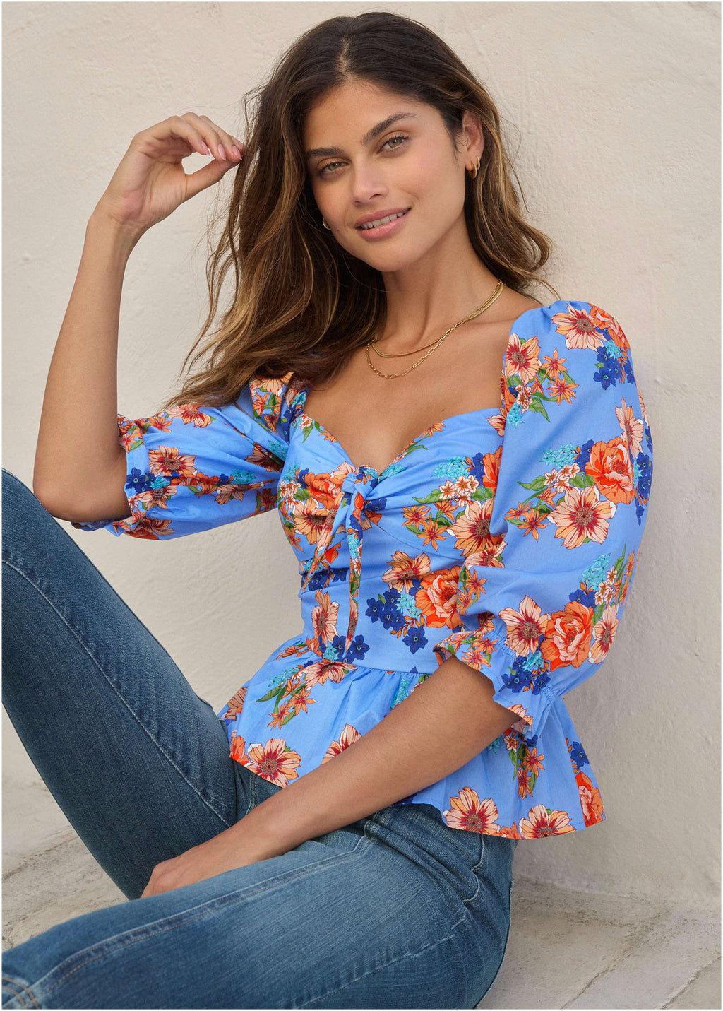 Peplum Sweetheart Top - Voyage Bouquet Border Floral