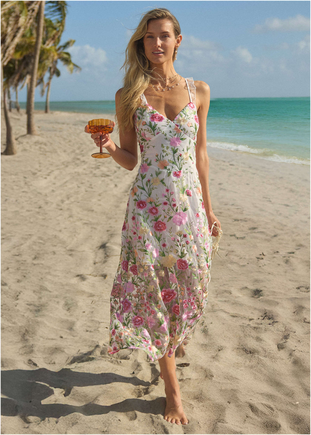 Sheer Embroidered Maxi Dress - White Multi