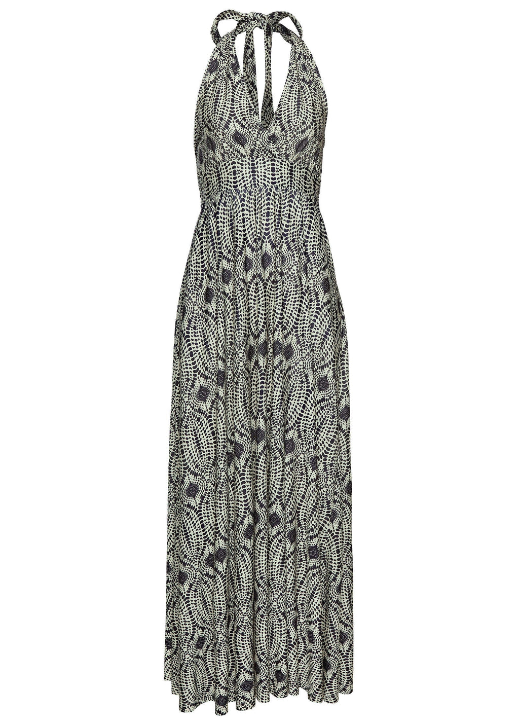 Print Halter Maxi Dress - Navy & Tan