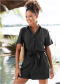 Short Sleeve Linen Romper - Black