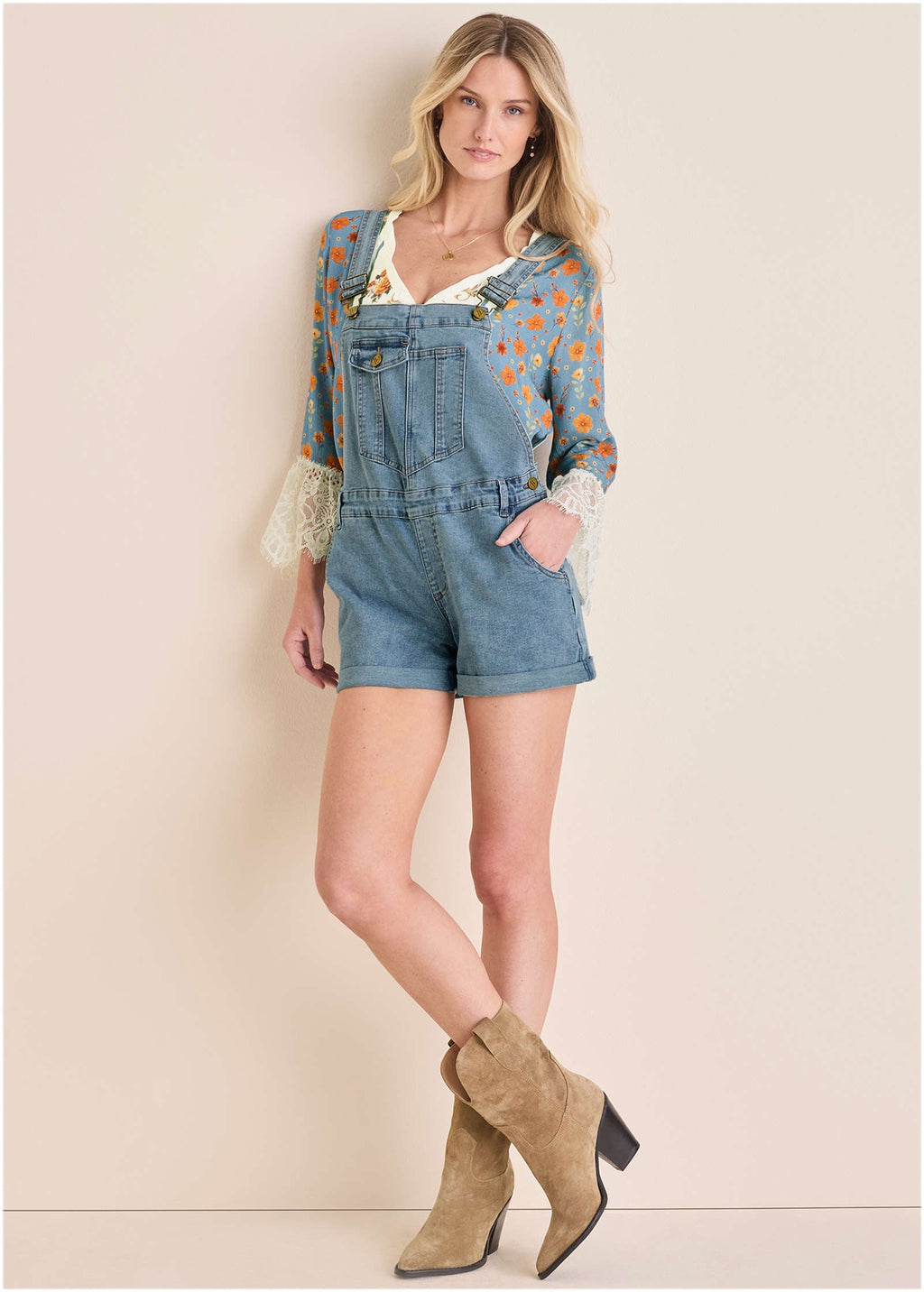 V-Back Denim Overalls - Light Wash