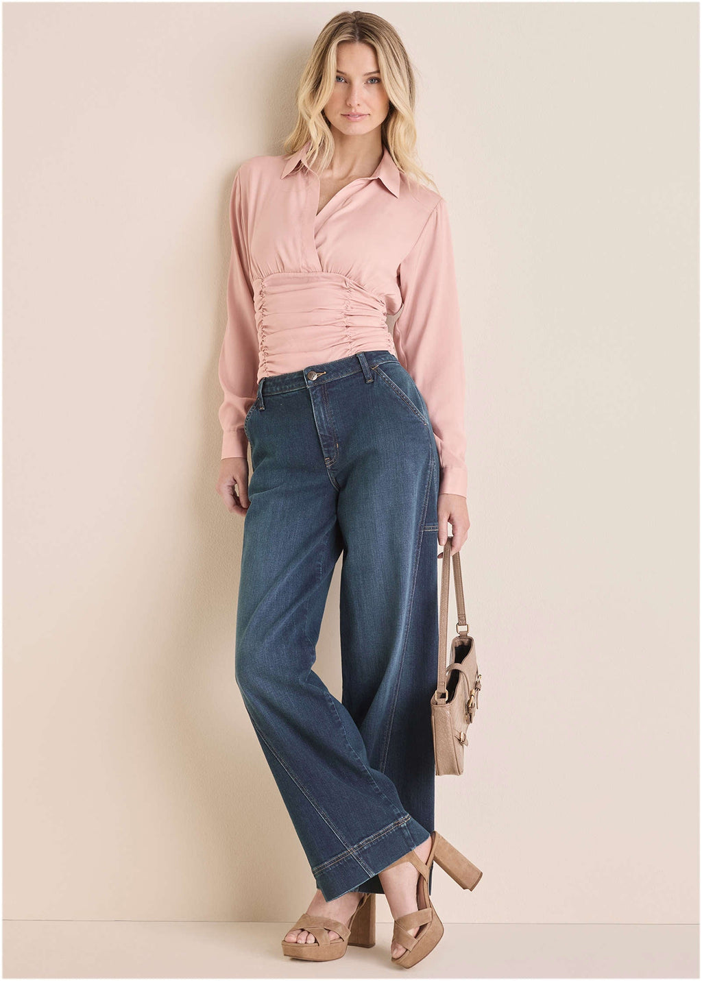 Ruched V-Neck Blouse - Mauve