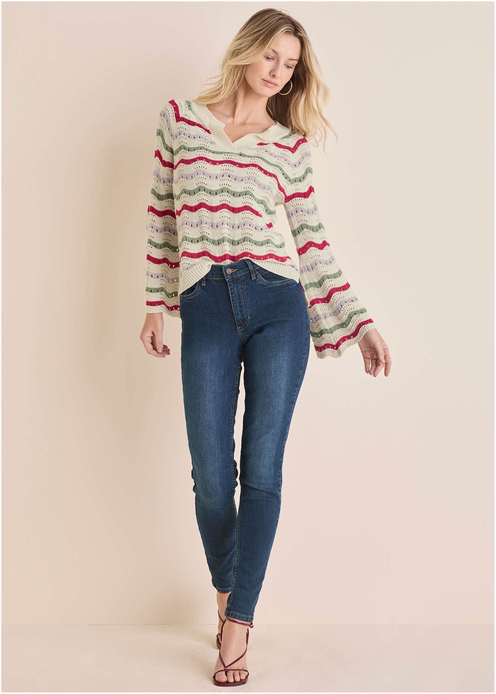 Stripe Pointelle Sweater - Grey Multi