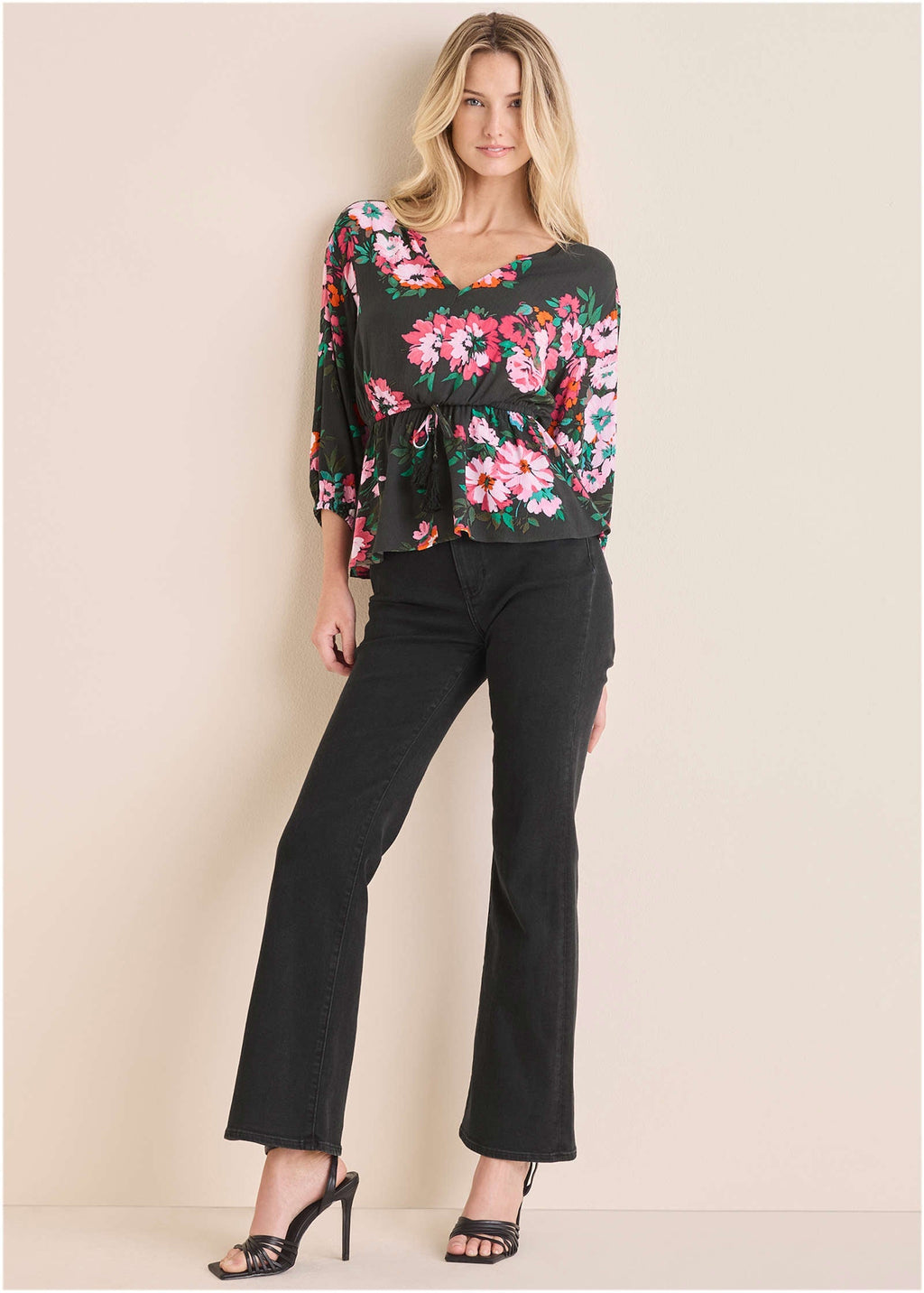 Tie Waist Blouson Top - Black Crisp Bouquet