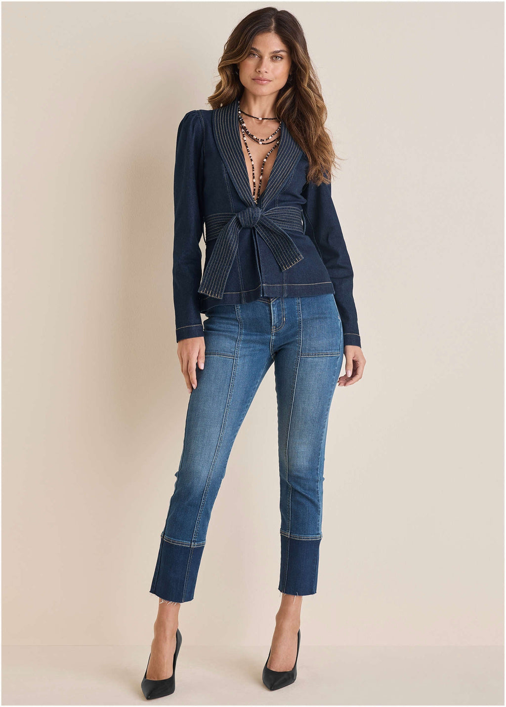 Puff Shoulder Denim Blazer - Dark Wash