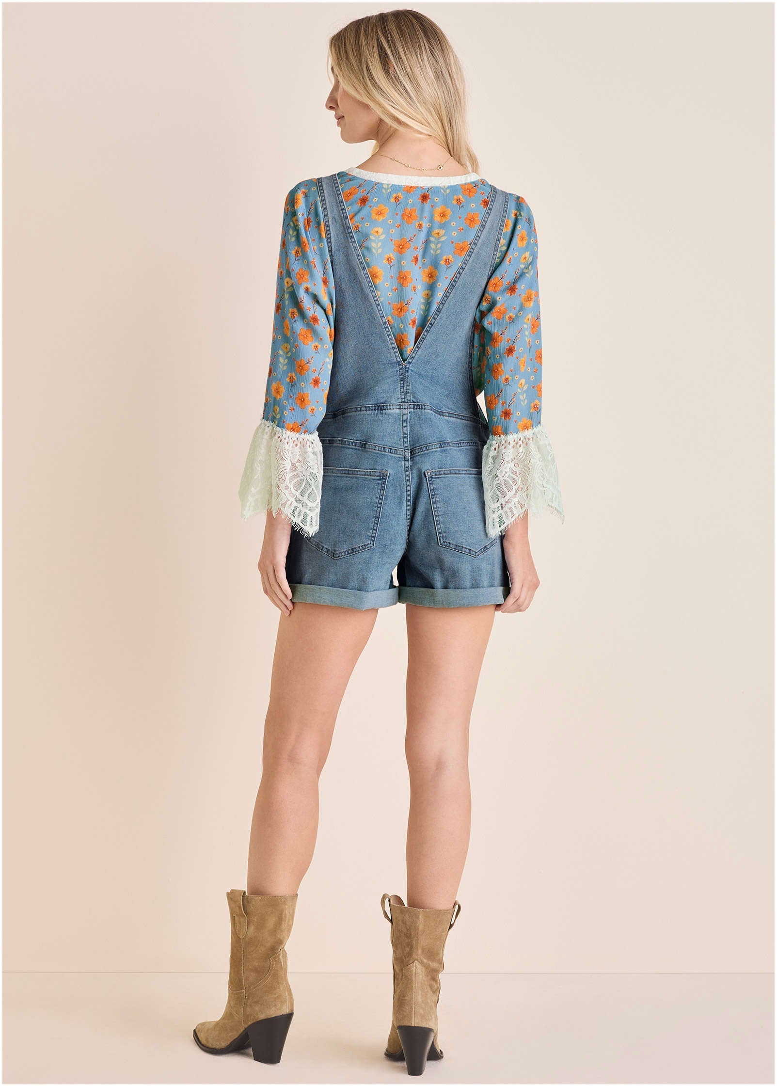 V-Back Denim Overalls - Light Wash