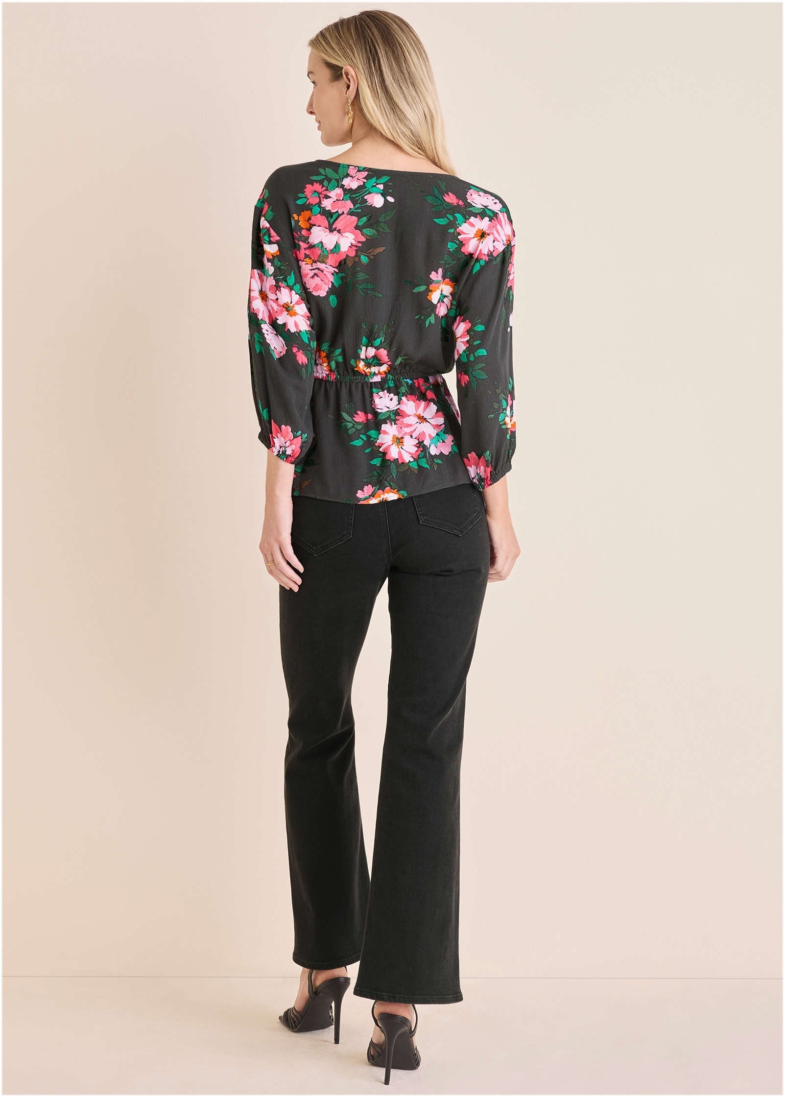 Tie Waist Blouson Top - Black Crisp Bouquet