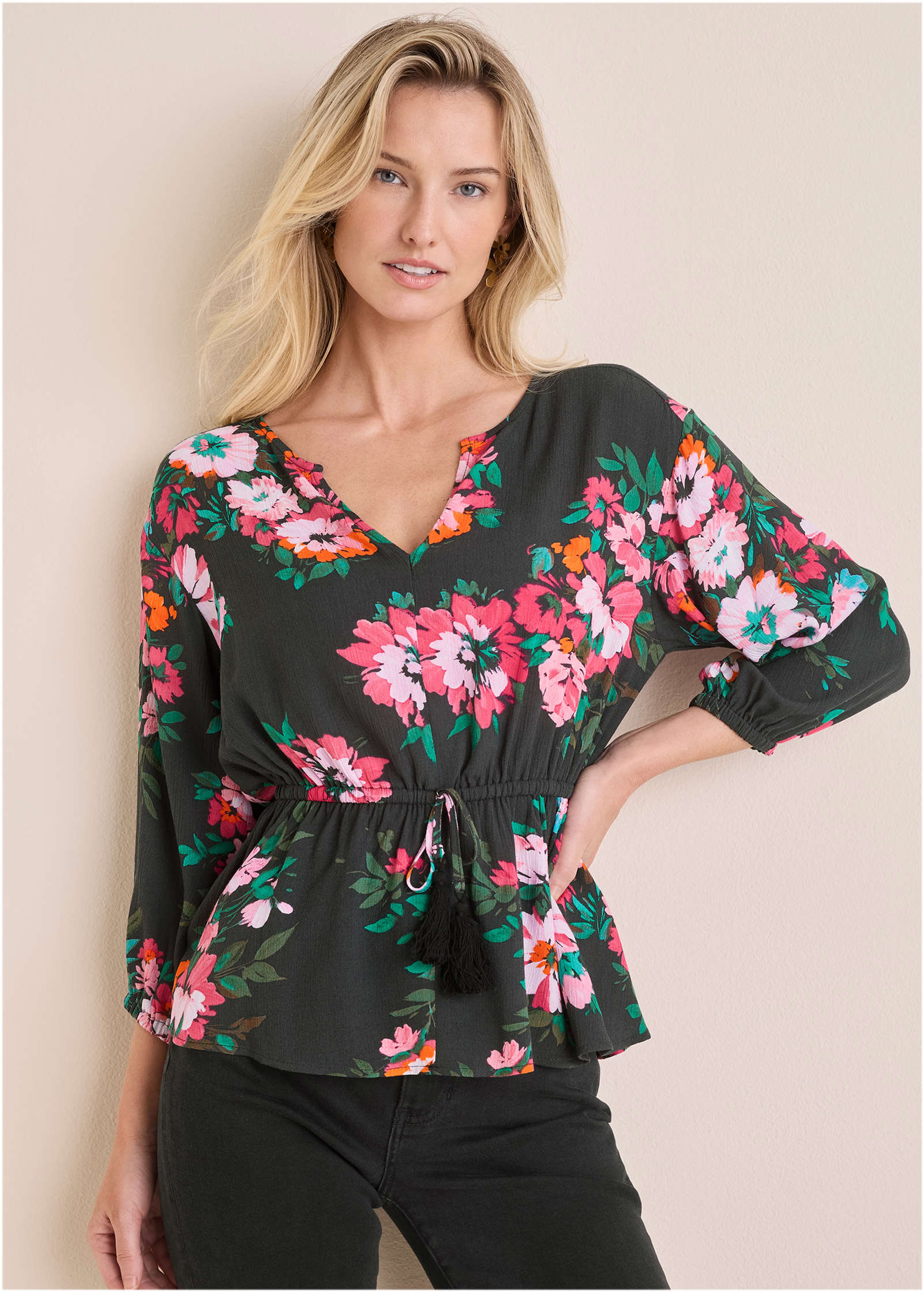 Tie Waist Blouson Top - Black Crisp Bouquet