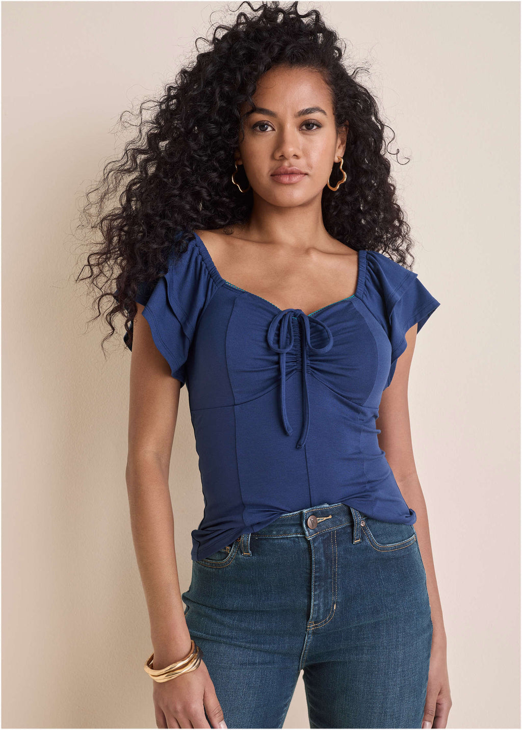 Ruffle Tie Front Short Sleeve - Bellweather Blue