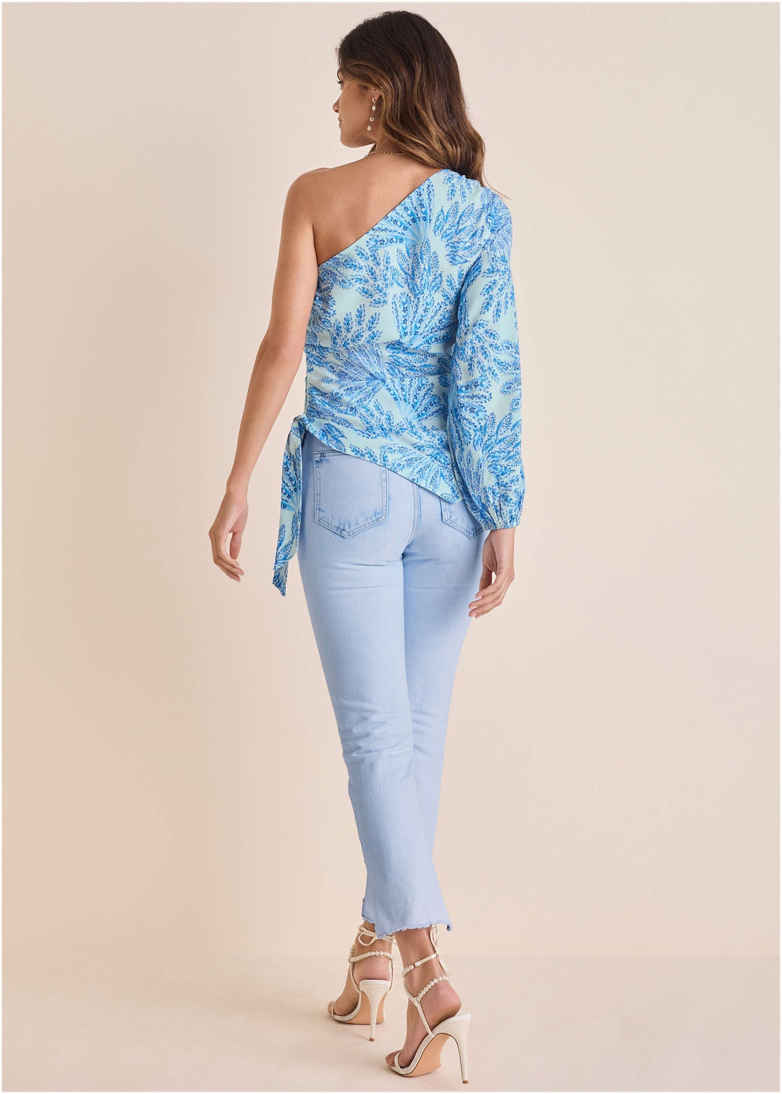 Printed One Shoulder Top  - Blue Fans