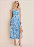 Contrast High Slit Maxi - Blue Allover Spring Paisley
