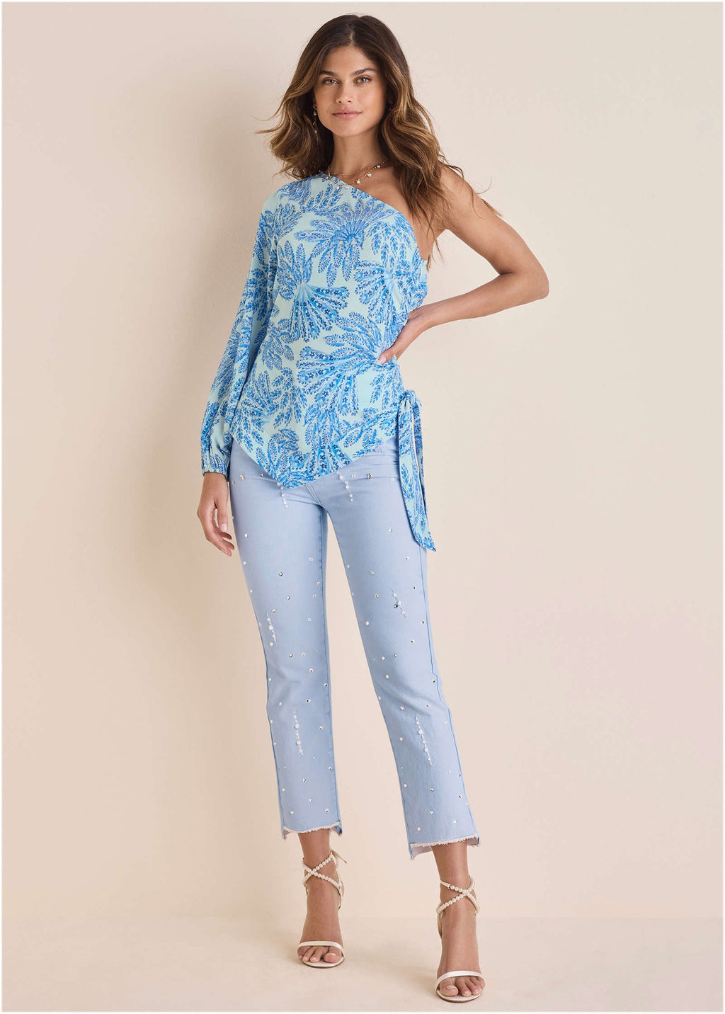 Printed One Shoulder Top  - Blue Fans