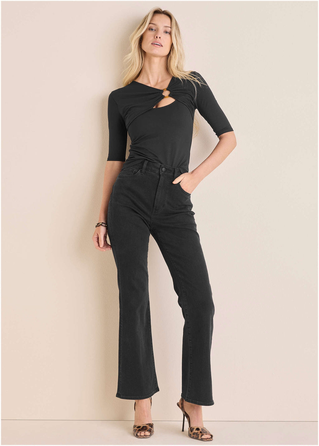 Cutout 3/4 Sleeve Top - Jet Black