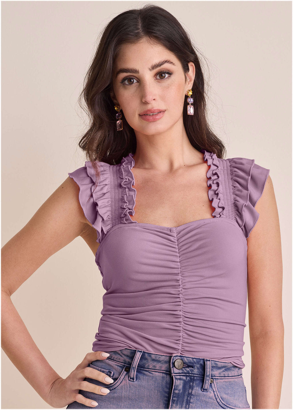 Ruched Ruffle Sleeveless Top - Valerian