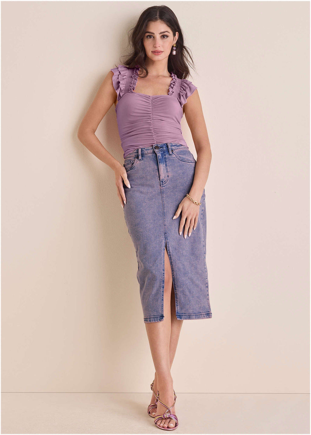 Ruched Ruffle Sleeveless Top - Valerian