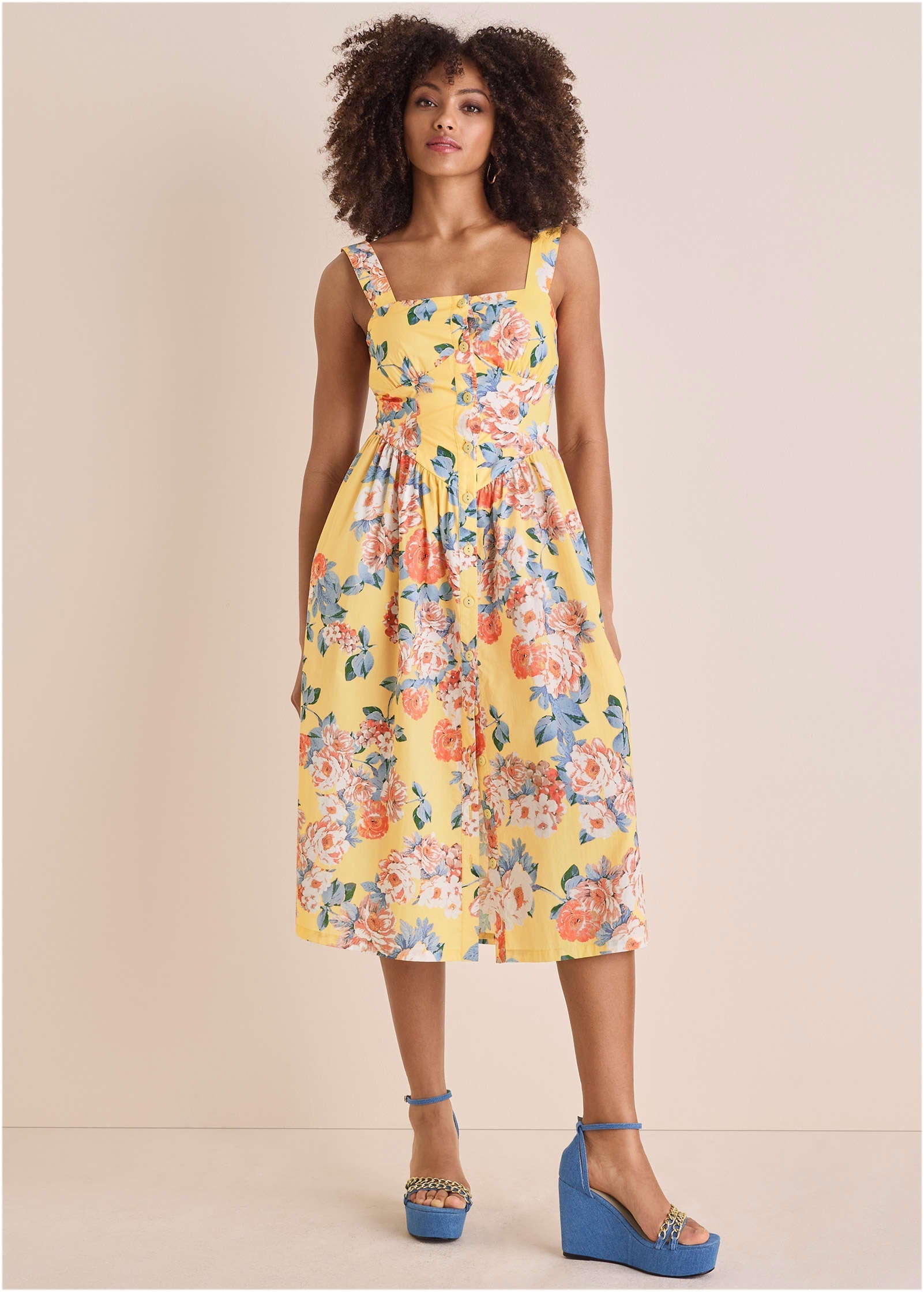Floral Poplin Midi Dress - Custard Roses