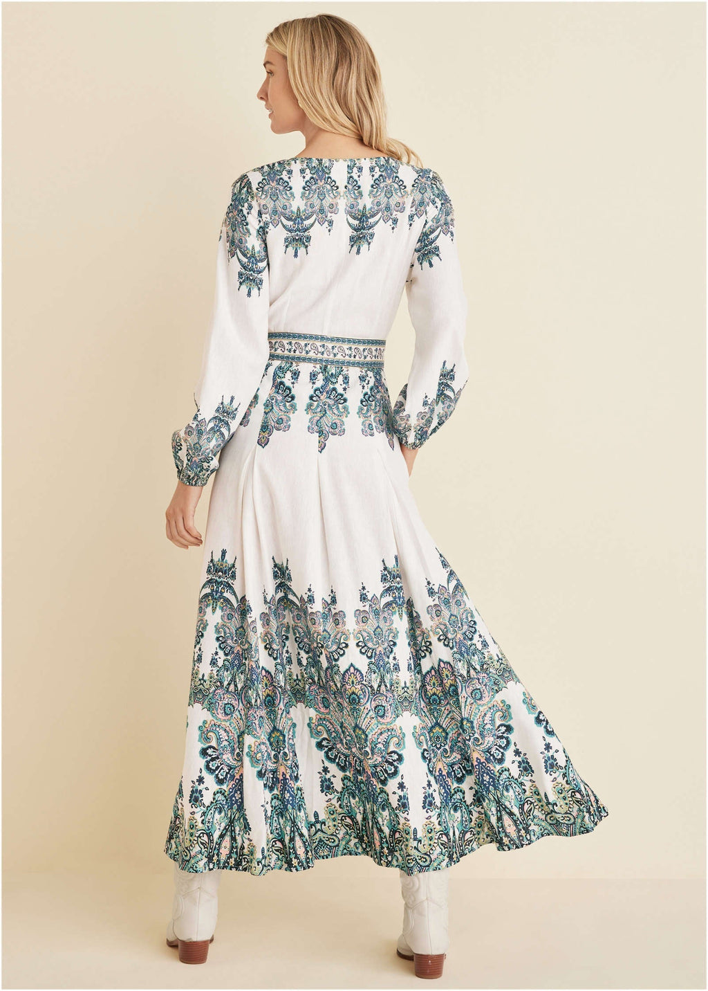 Tie-Waist Linen Maxi Dress - White Multi