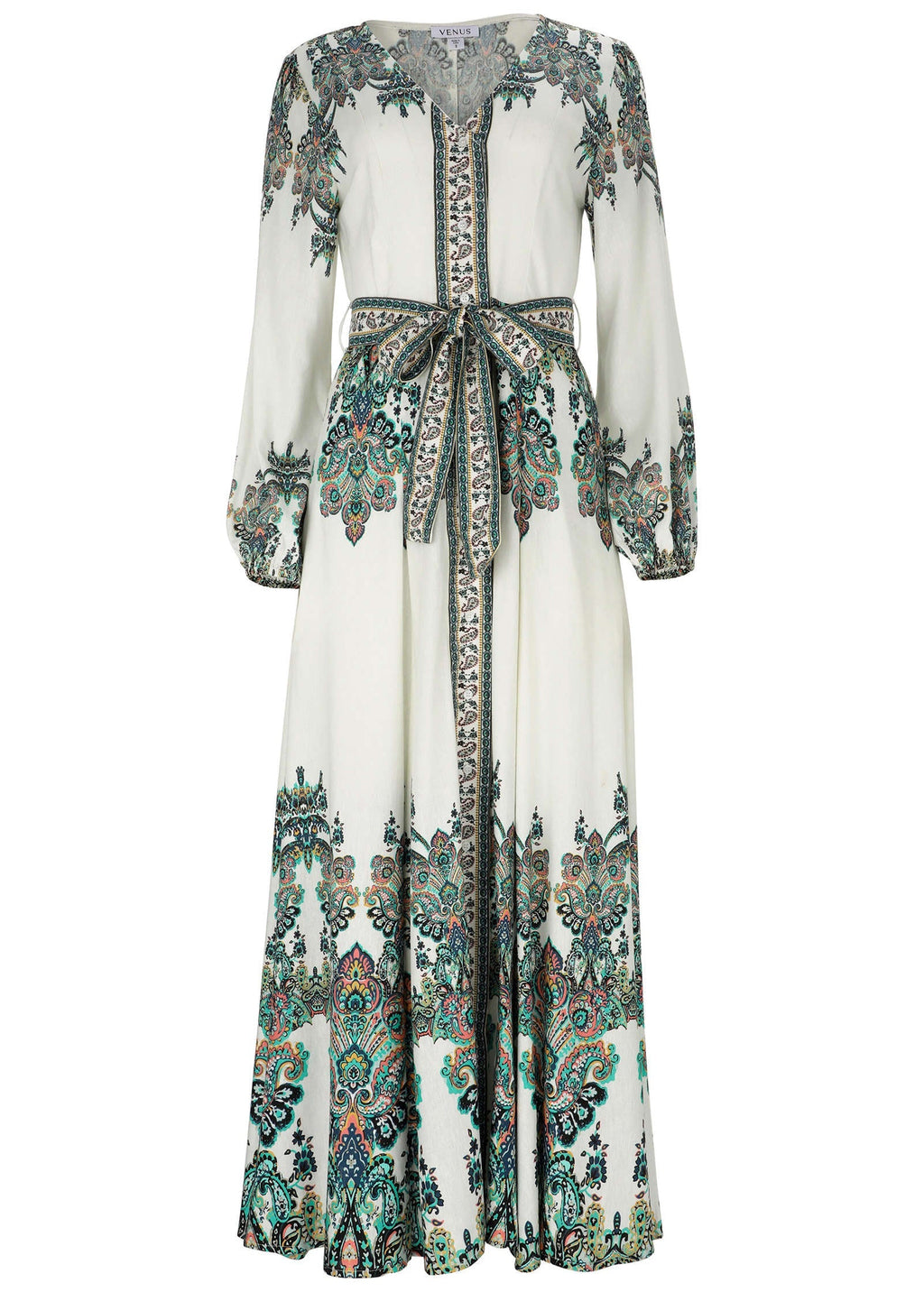 Tie-Waist Linen Maxi Dress - White Multi