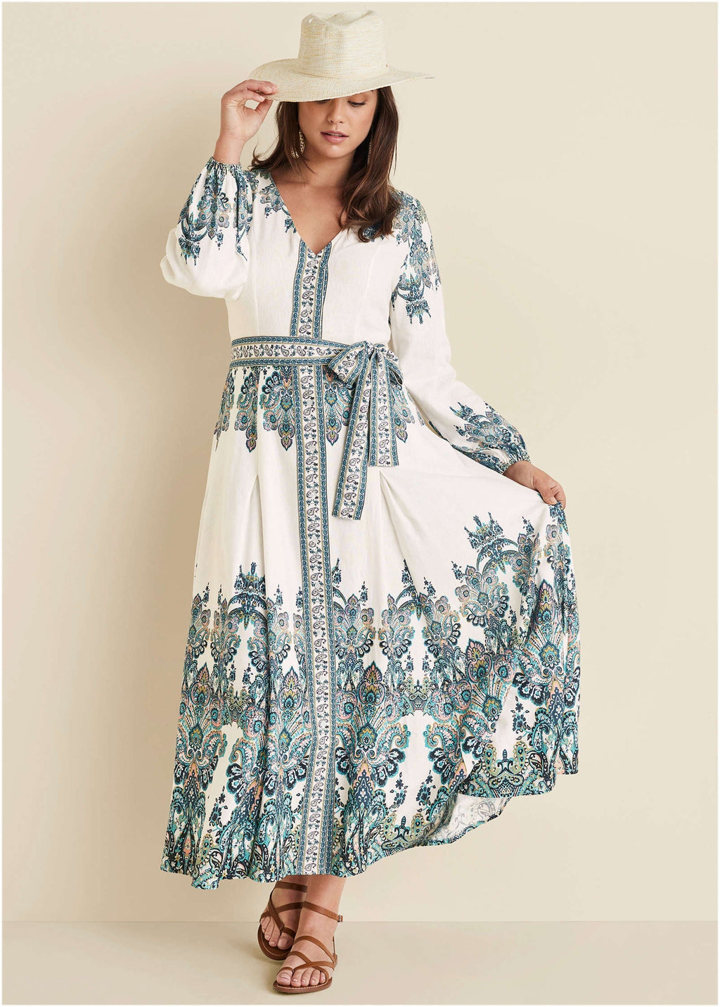 Tie-Waist Linen Maxi Dress - White Multi