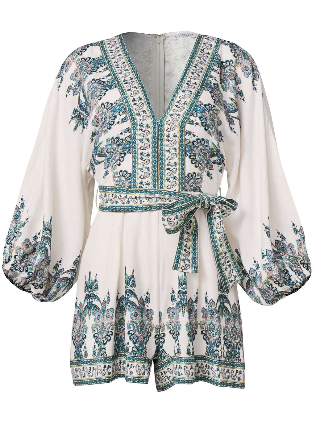 Linen Tie-Waist Romper - White Multi