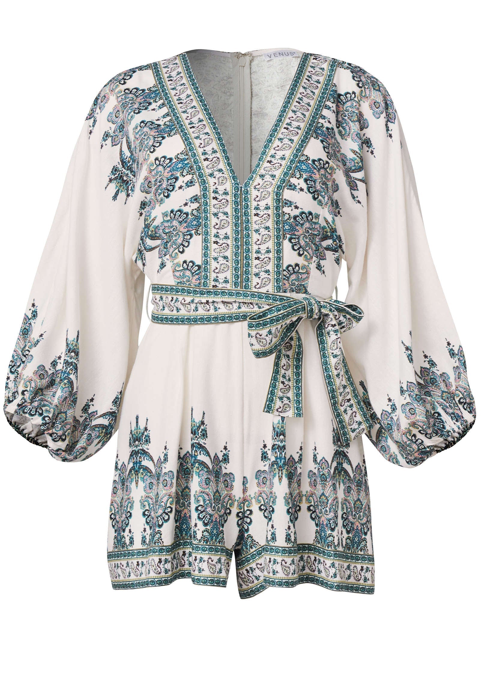 Linen Tie-Waist Romper - White Multi