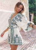 Linen Tie-Waist Romper - White Multi