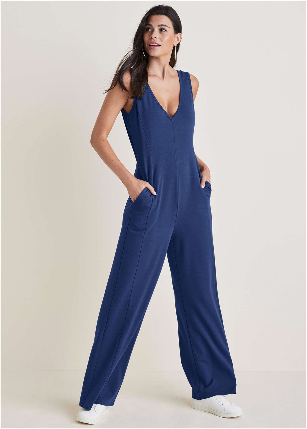 Relaxed V-Neck Jumpsuit - Dark Blue