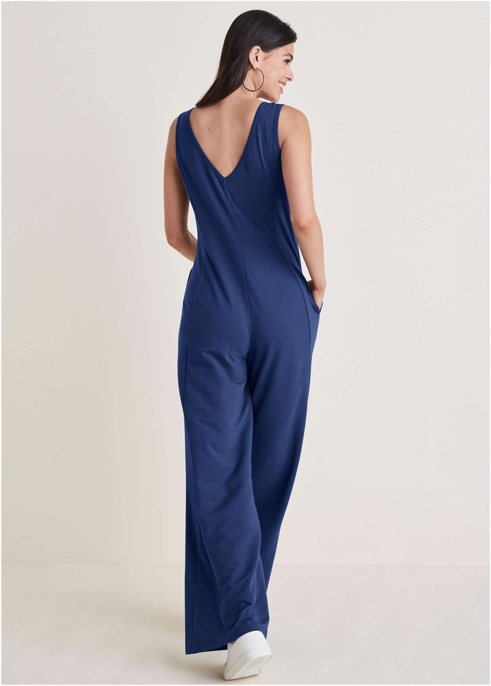 Relaxed V-Neck Jumpsuit - Dark Blue