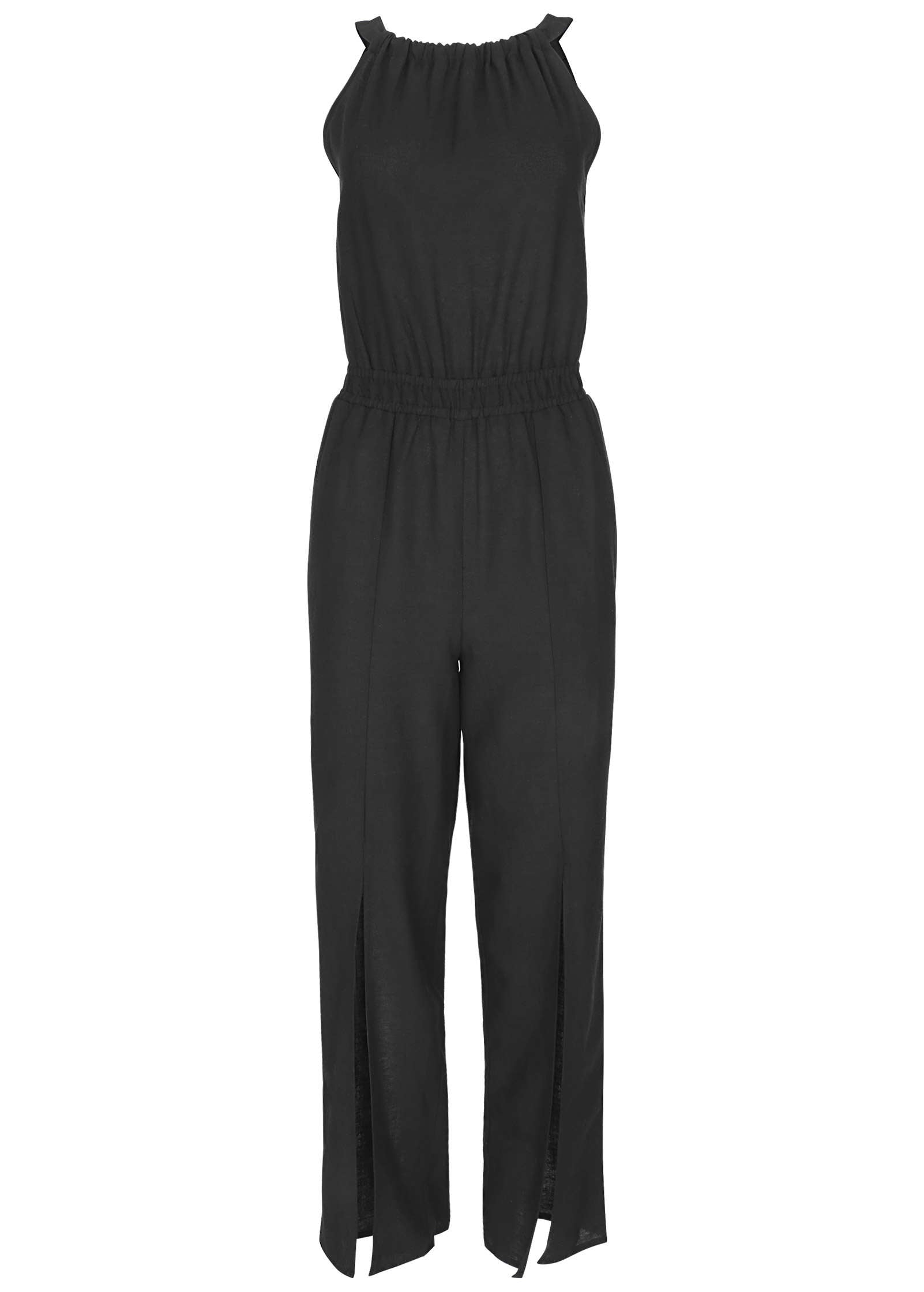 Linen Front Slit Jumpsuit - Jet Black