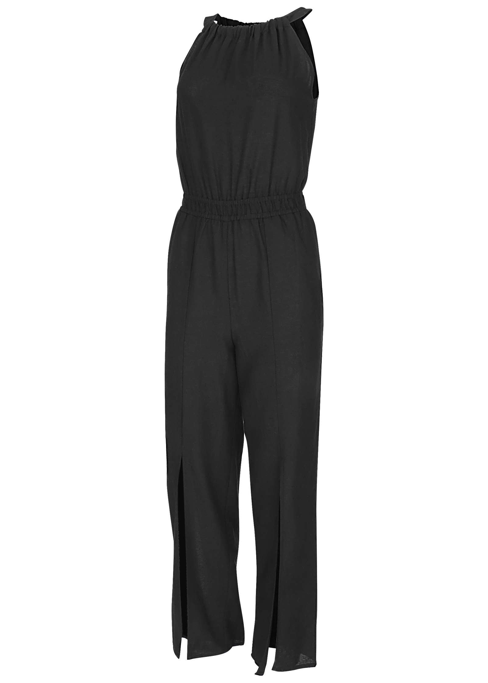 Linen Front Slit Jumpsuit - Jet Black