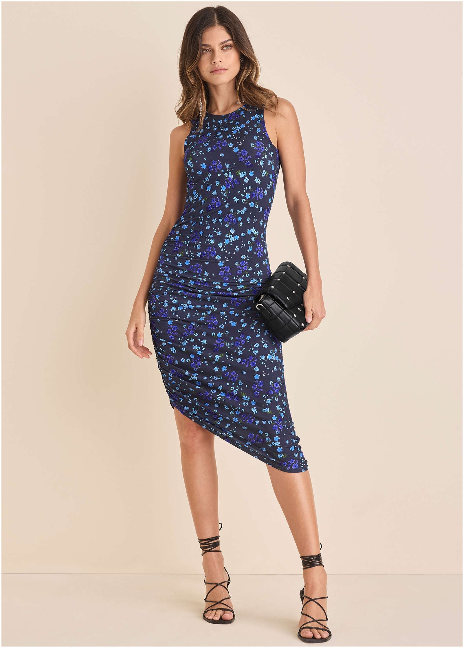 Side Ruched Midi Dress - Lovely Ditsy Blue