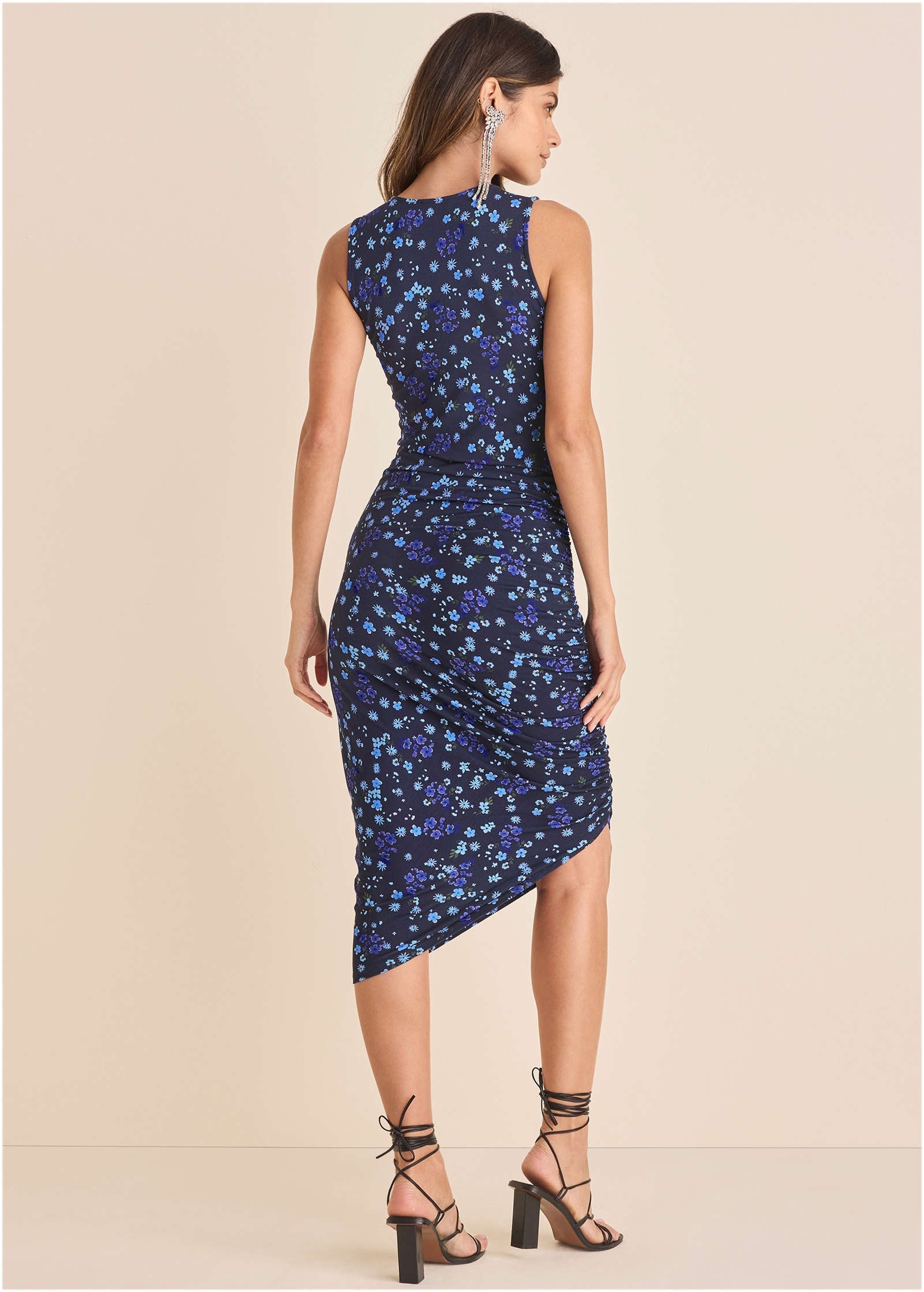Side Ruched Midi Dress - Lovely Ditsy Blue