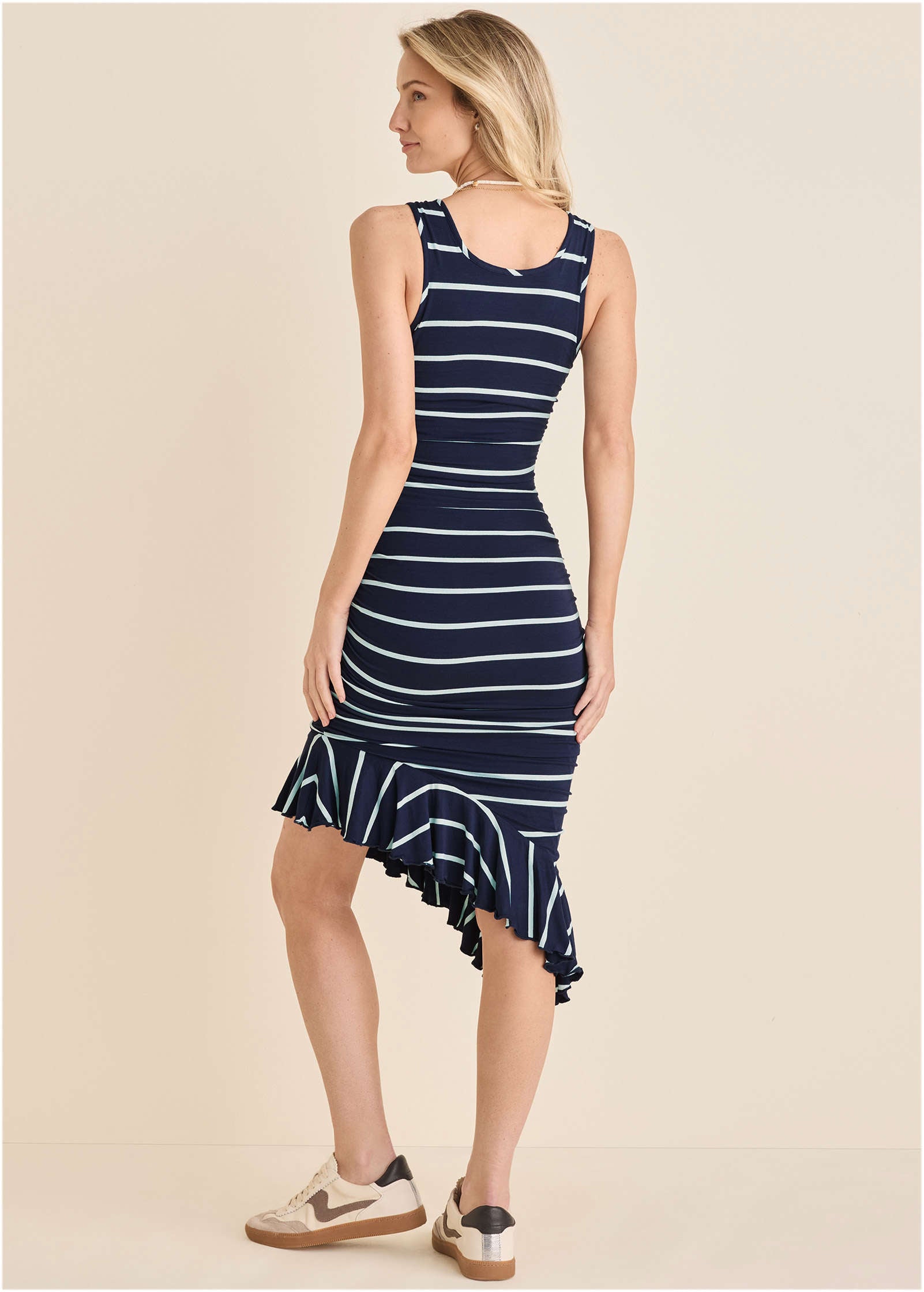 Ruffle Hem High-Low Dress - Navy & White
