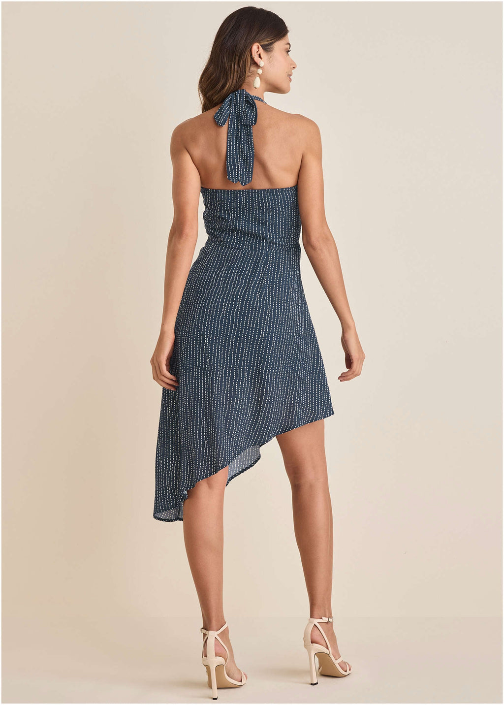 Halter High-Low Dress - Navy Dot Stripe