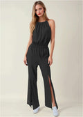 Linen Front Slit Jumpsuit - Jet Black