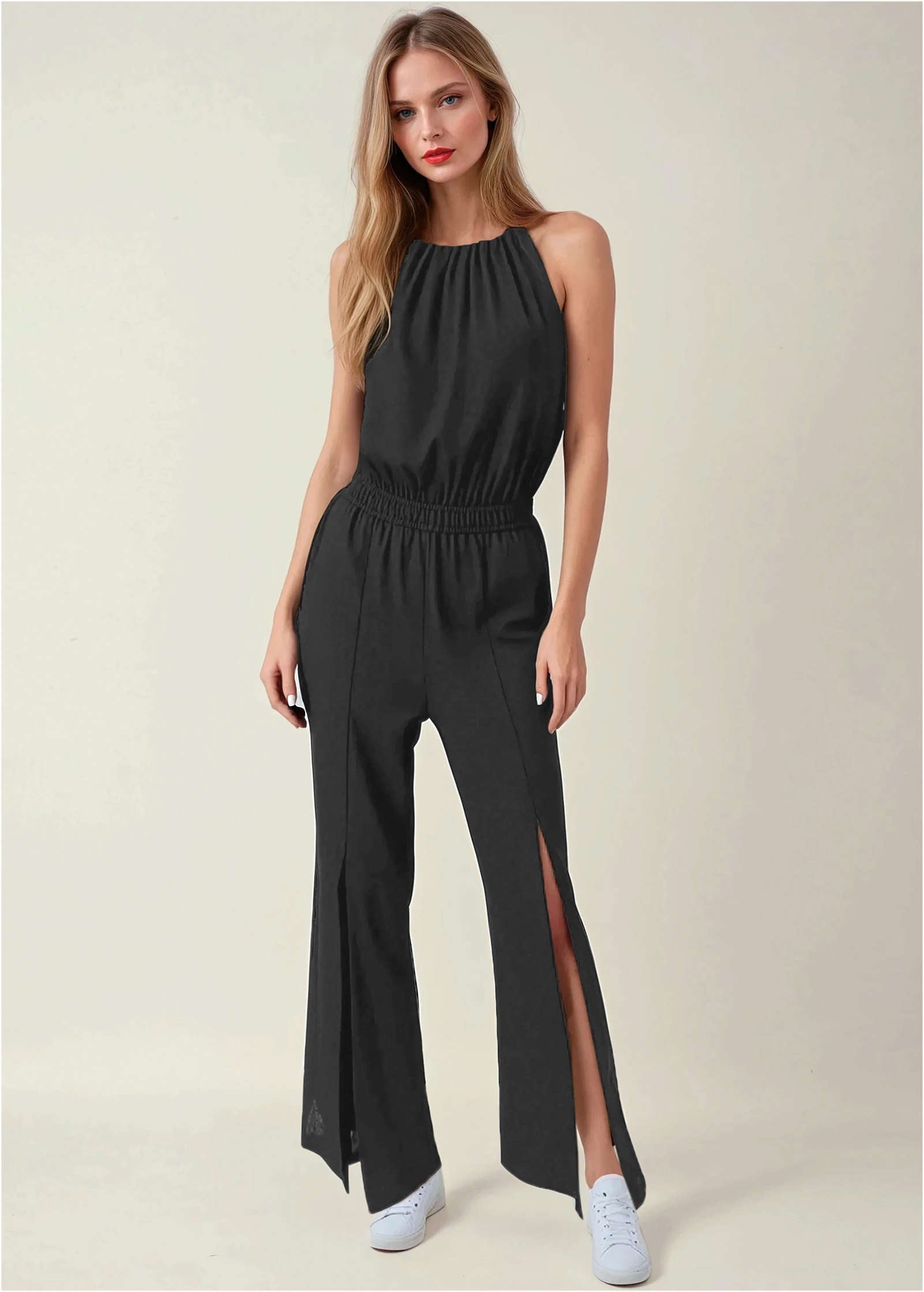 Linen Front Slit Jumpsuit - Jet Black