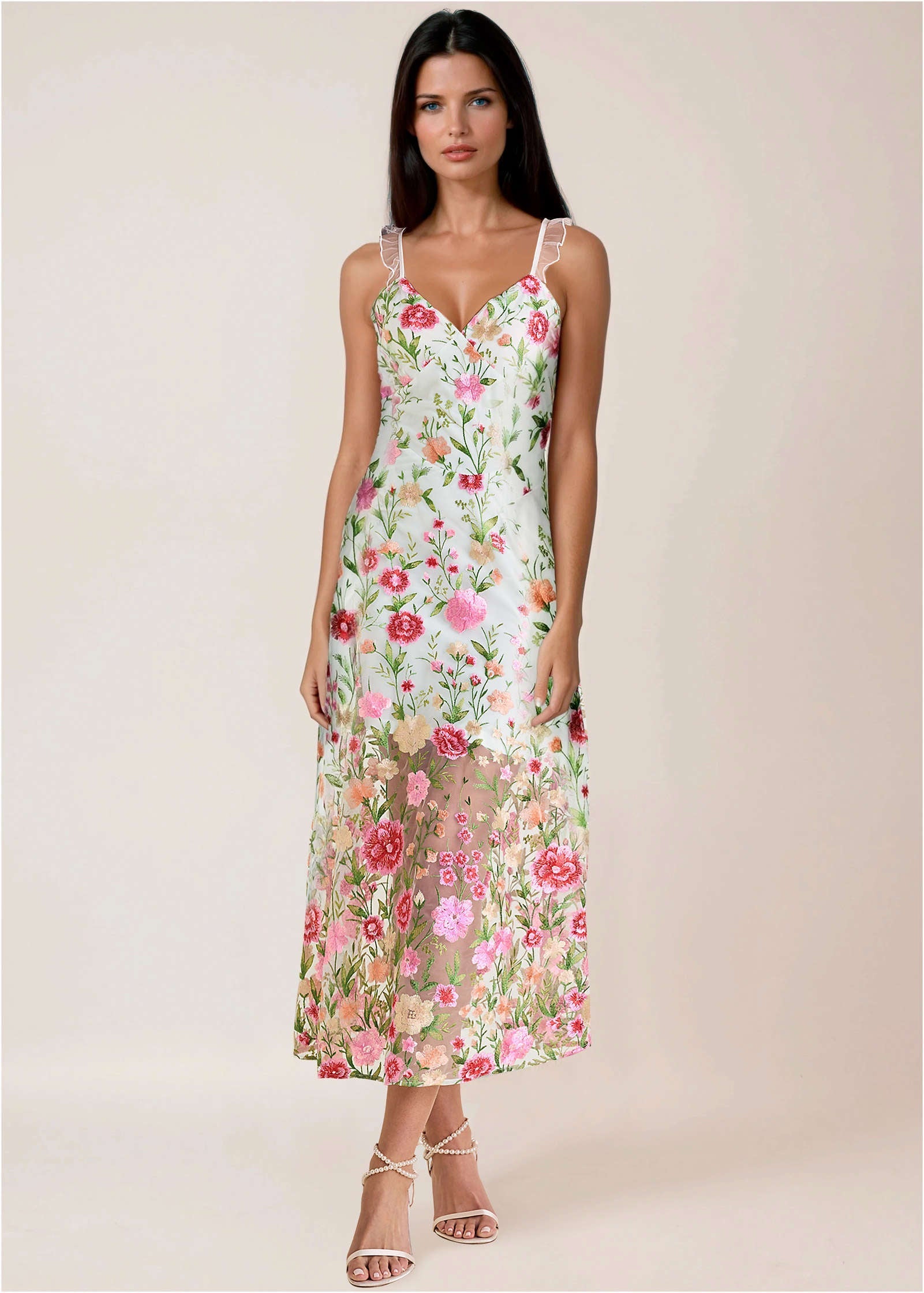Sheer Embroidered Maxi Dress - White Multi