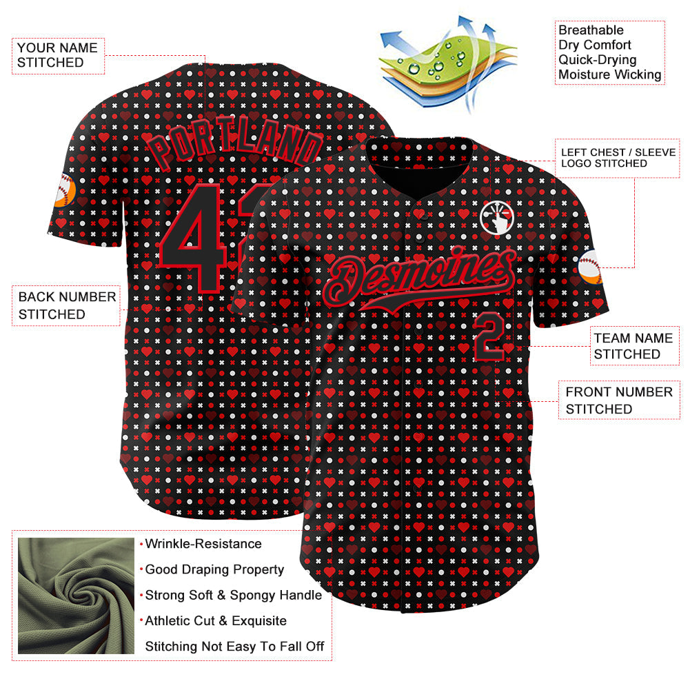 Custom Black Fire Red Valentine's Day Love Heart Authentic Baseball Jersey