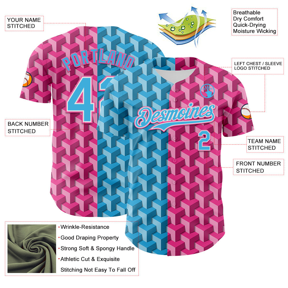 Custom Sky Blue Pink-White Valentine's Day Gradient Love Heart Authentic Baseball Jersey