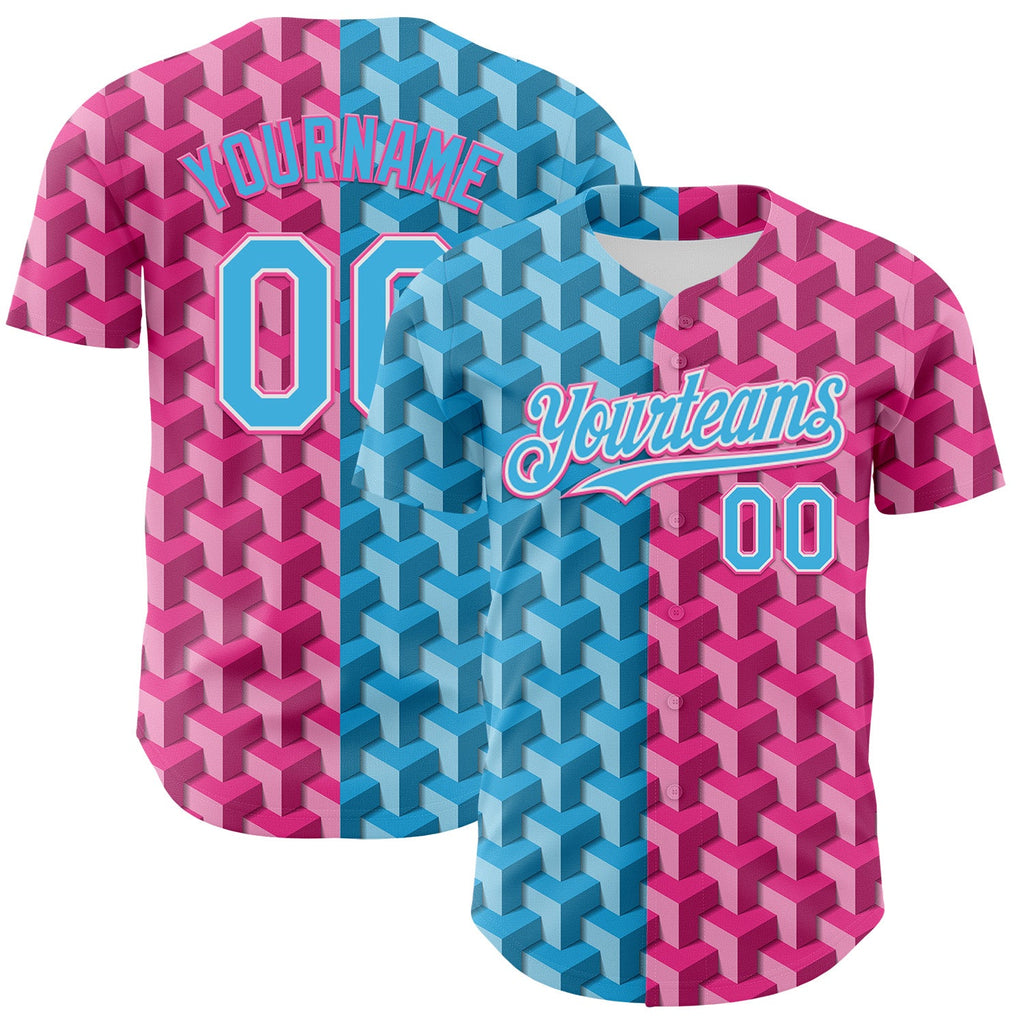 Custom Sky Blue Pink-White Valentine's Day Gradient Love Heart Authentic Baseball Jersey