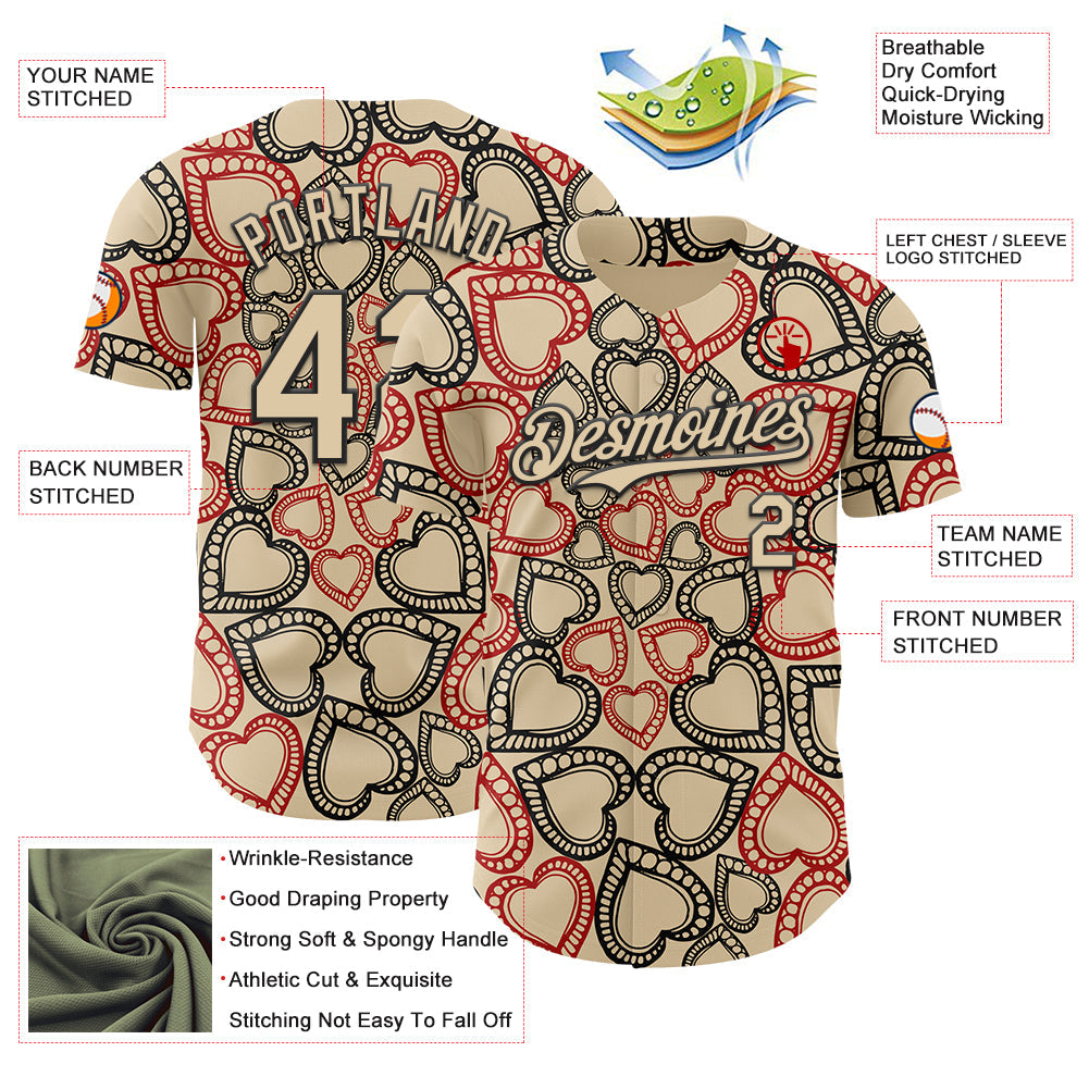 Custom City Cream Black Valentine's Day Love Heart Authentic Baseball Jersey
