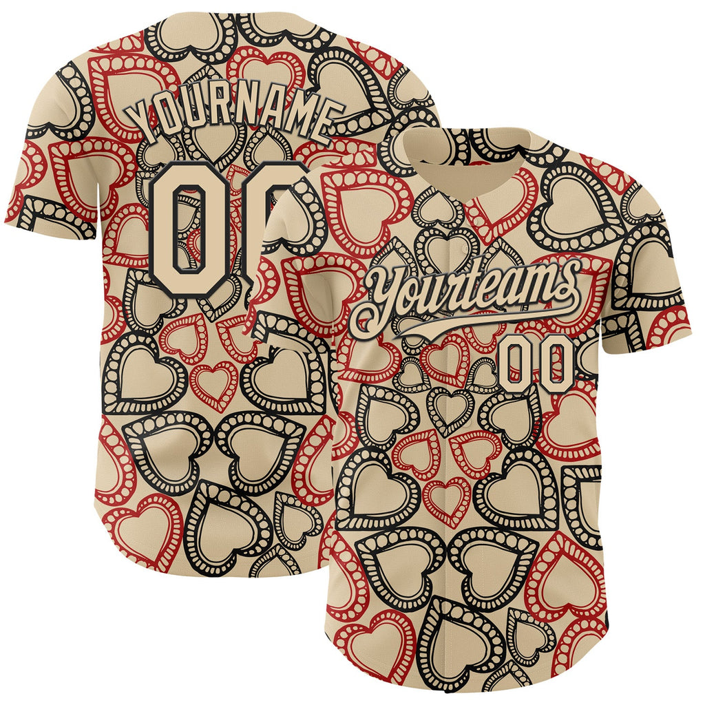 Custom City Cream Black Valentine's Day Love Heart Authentic Baseball Jersey