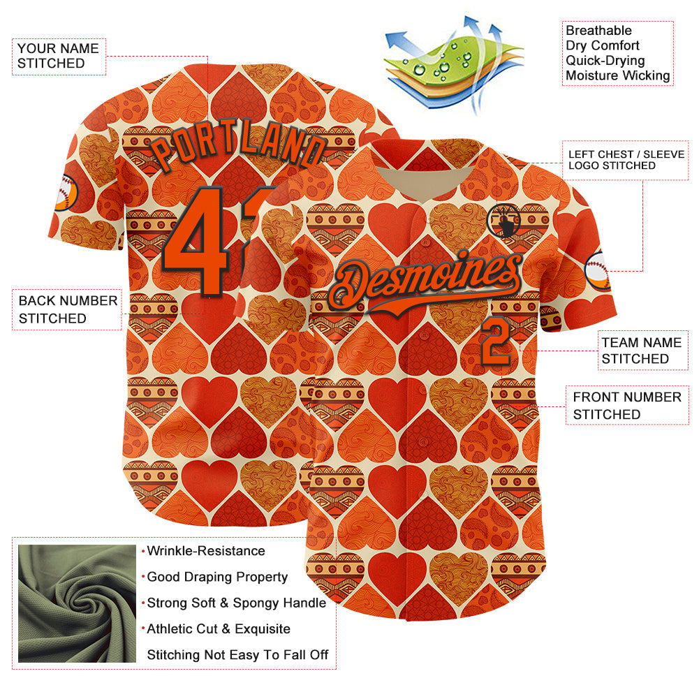 Custom Orange Cream-Black Valentine's Day Love Heart Authentic Baseball Jersey