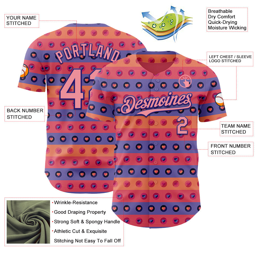Custom Orange Medium Pink-Dark Purple Valentine's Day Love Heart Authentic Baseball Jersey